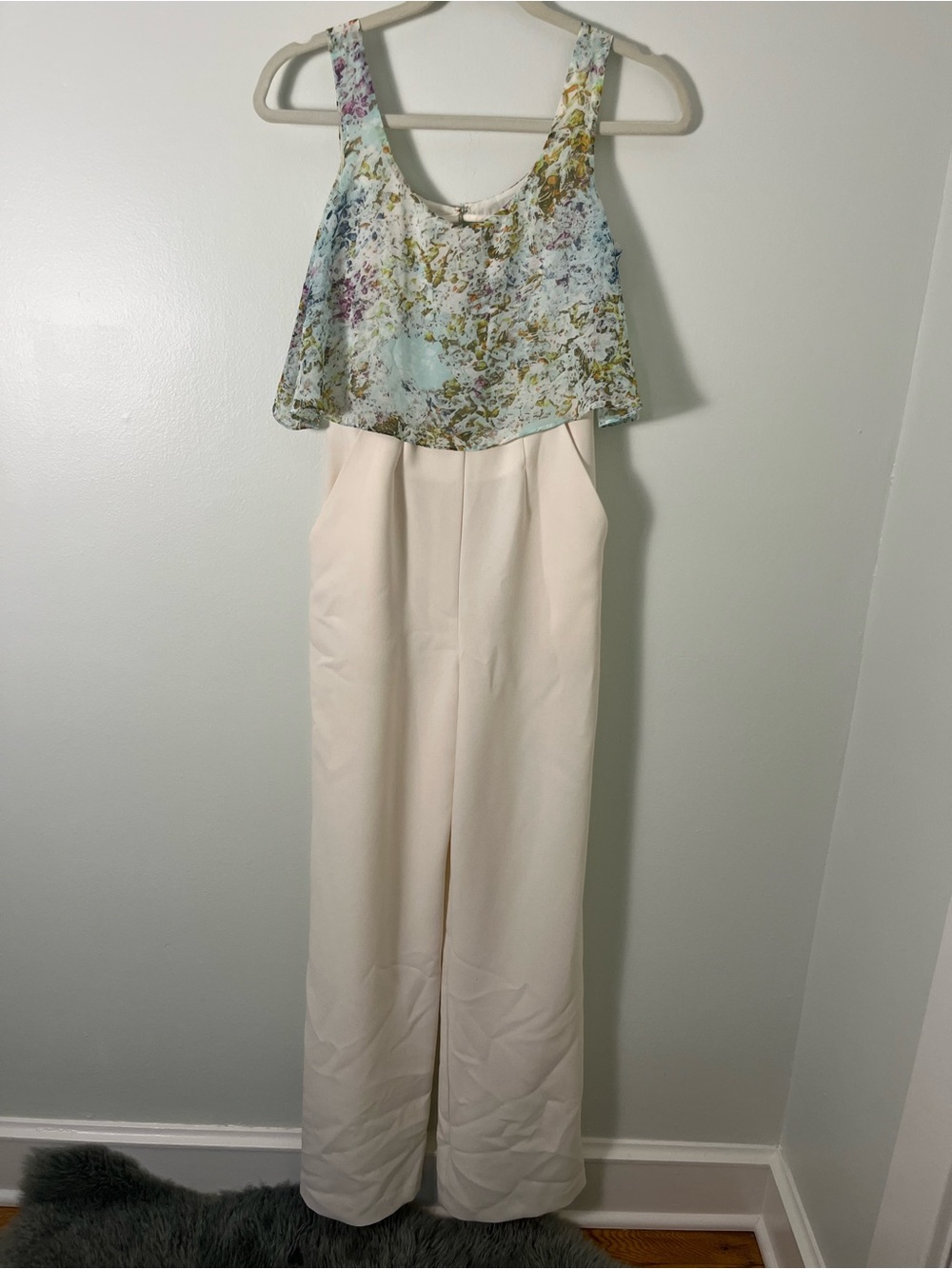 BCBGeneration Floral Print Top Cream Wide-Leg Jumpsuit
